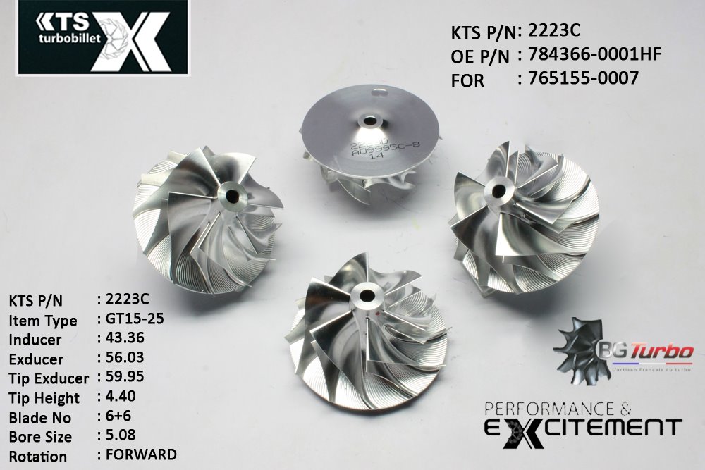 Turbo ROUE FORGÉE MFS PERFORMANCE - 6+6 PALES - INDUCER : 43,36 - EXDUCER : 56,03 - TYPE : GT15-25ANGLE : 60° - ROTATION : Forward - SUPER BACK : 3,68 - BORE SIZE : 5,08
